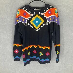 Breckenridge Vintage 90s Sweater M Black Colorful Aztec Geometric‎ Southwestern